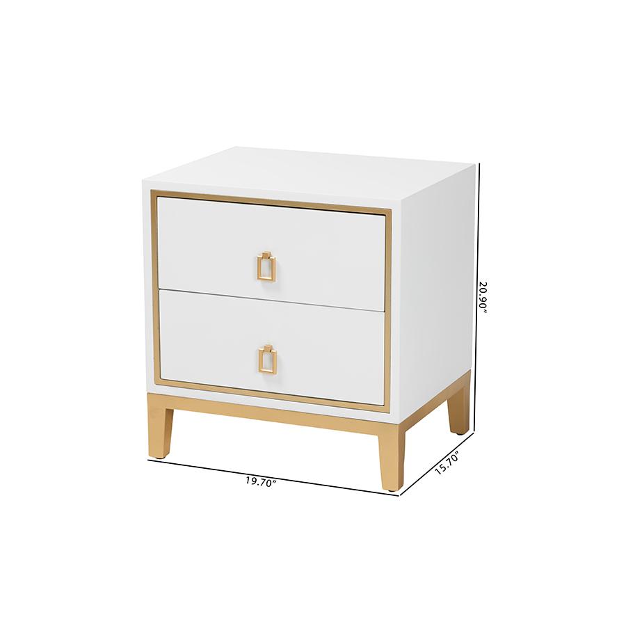 Glam and Luxe White Finished Wood and Gold Metal 2-Drawer End Table. Picture 10