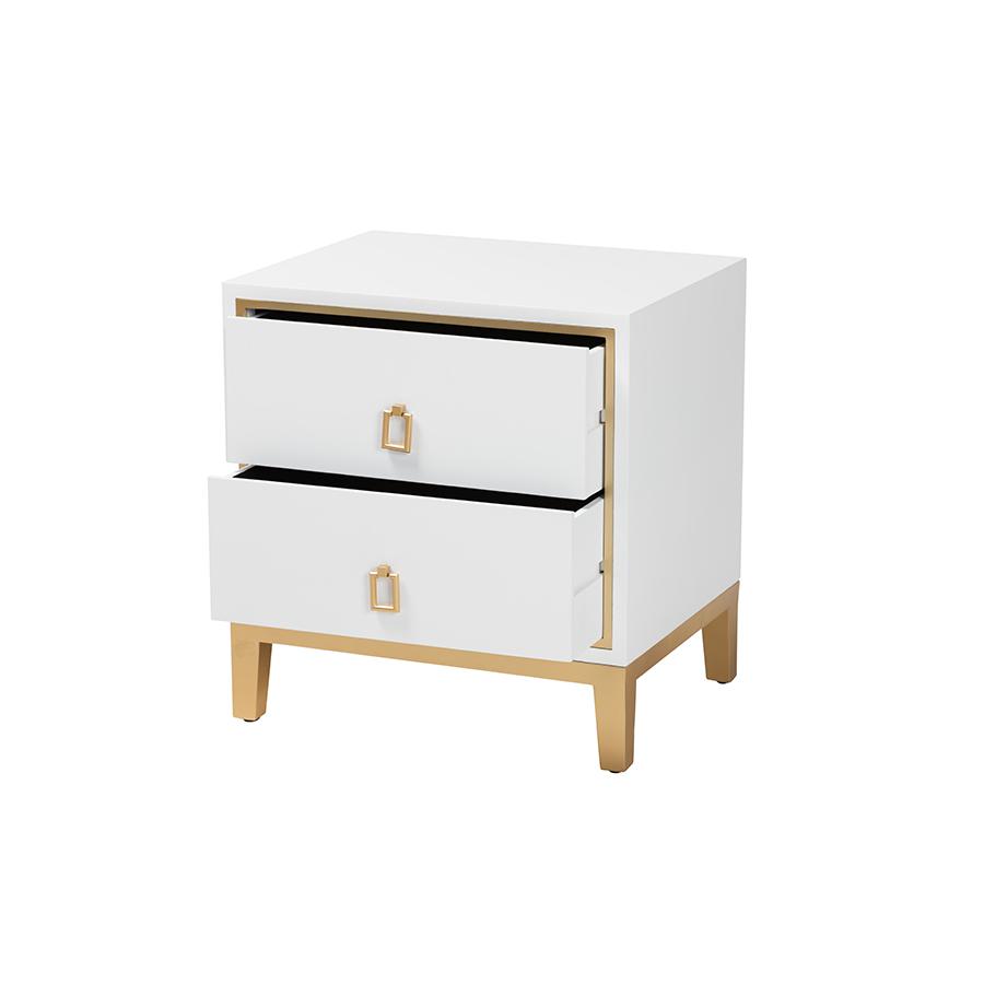 Glam and Luxe White Finished Wood and Gold Metal 2-Drawer End Table. Picture 2