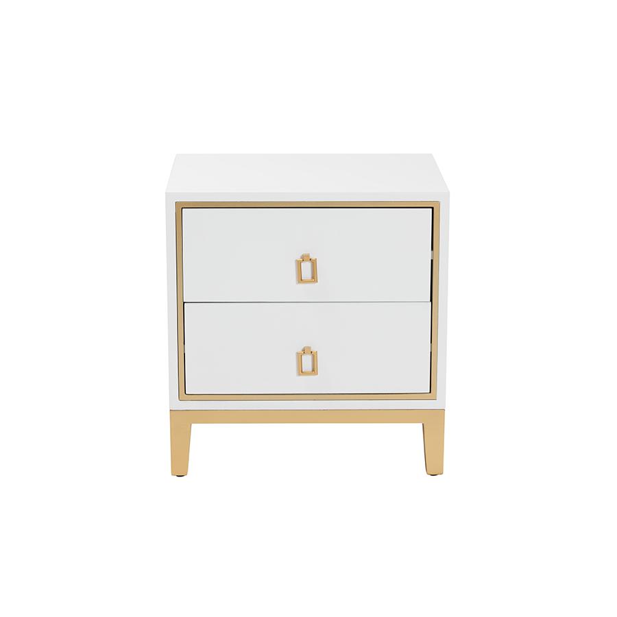 Glam and Luxe White Finished Wood and Gold Metal 2-Drawer End Table. Picture 3