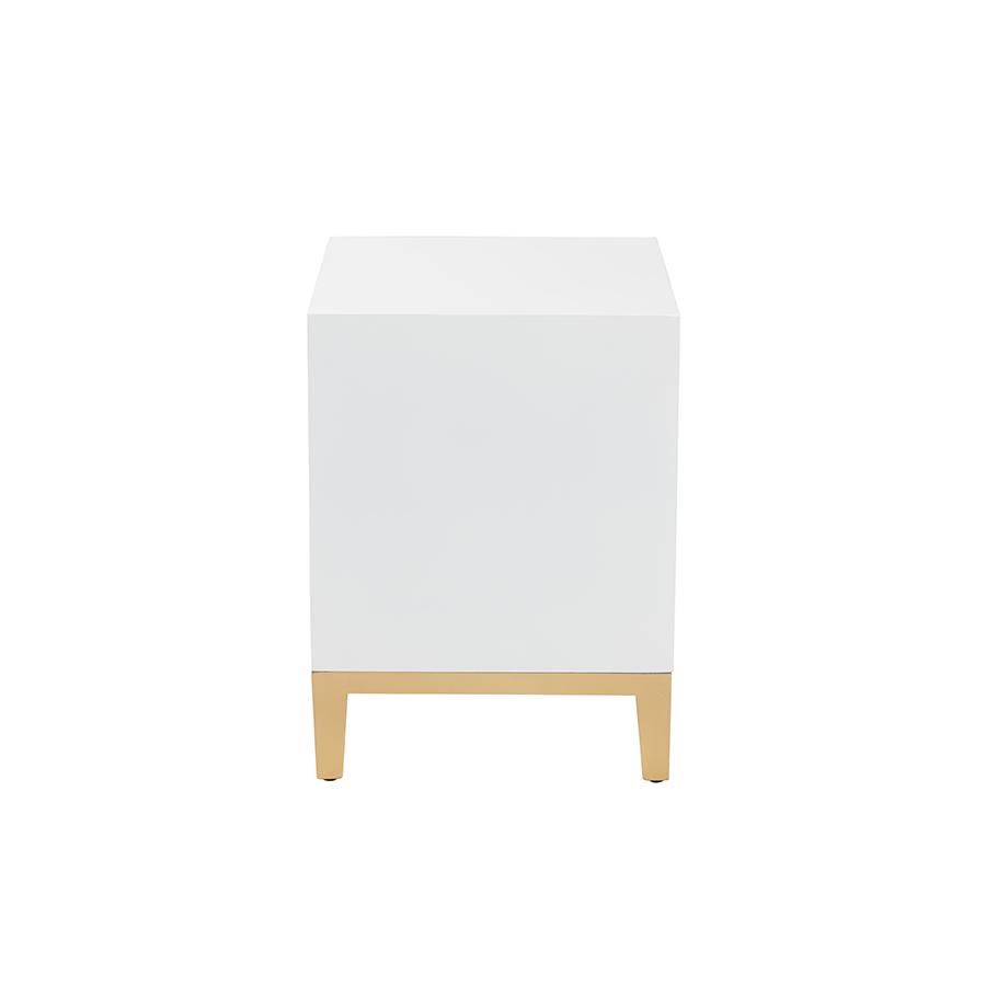 Glam and Luxe White Finished Wood and Gold Metal 2-Drawer End Table. Picture 4