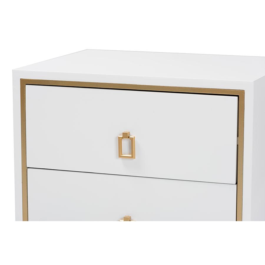 Glam and Luxe White Finished Wood and Gold Metal 2-Drawer End Table. Picture 5