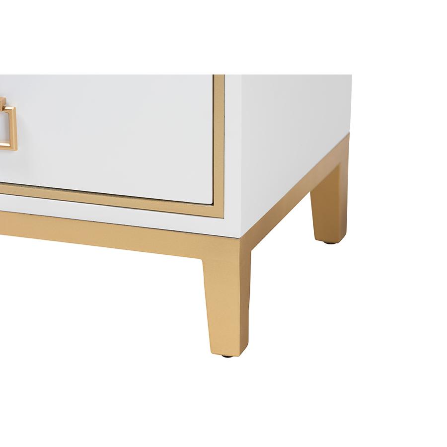Glam and Luxe White Finished Wood and Gold Metal 2-Drawer End Table. Picture 6