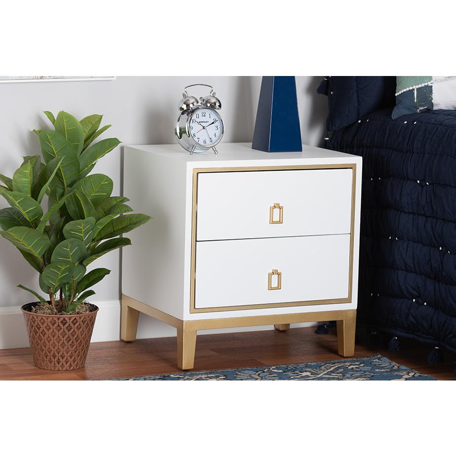 Glam and Luxe White Finished Wood and Gold Metal 2-Drawer End Table. Picture 8