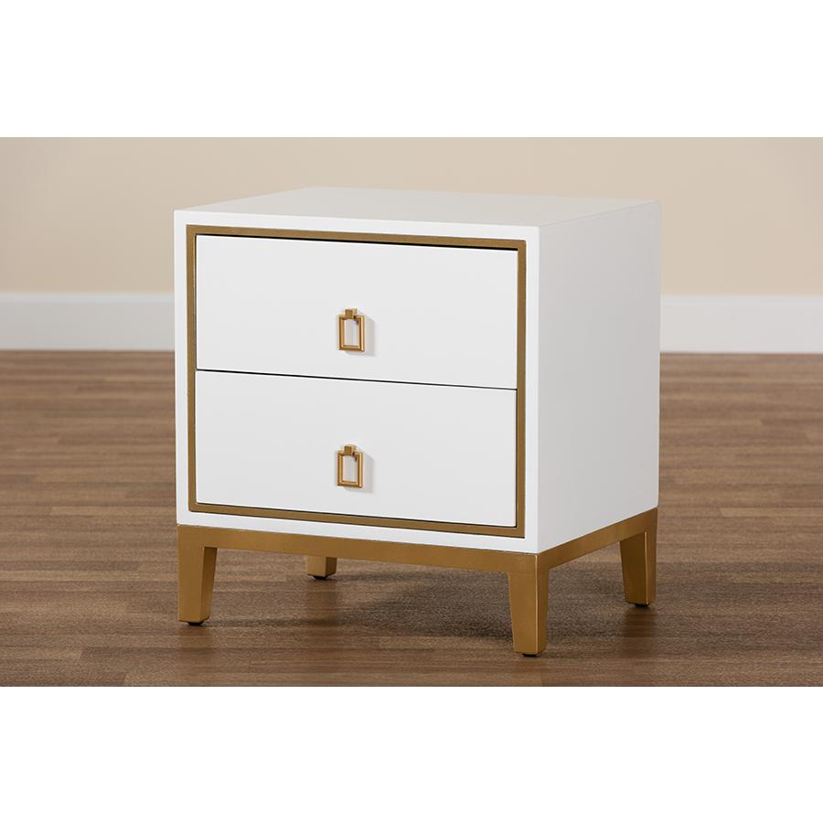 Glam and Luxe White Finished Wood and Gold Metal 2-Drawer End Table. Picture 9