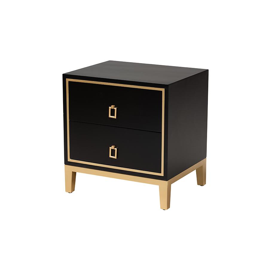 Glam and Luxe Black Finished Wood and Gold Metal 2-Drawer End Table. Picture 1