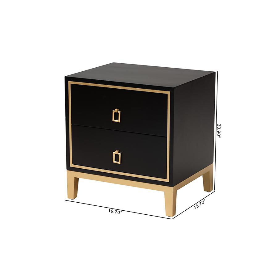 Glam and Luxe Black Finished Wood and Gold Metal 2-Drawer End Table. Picture 10