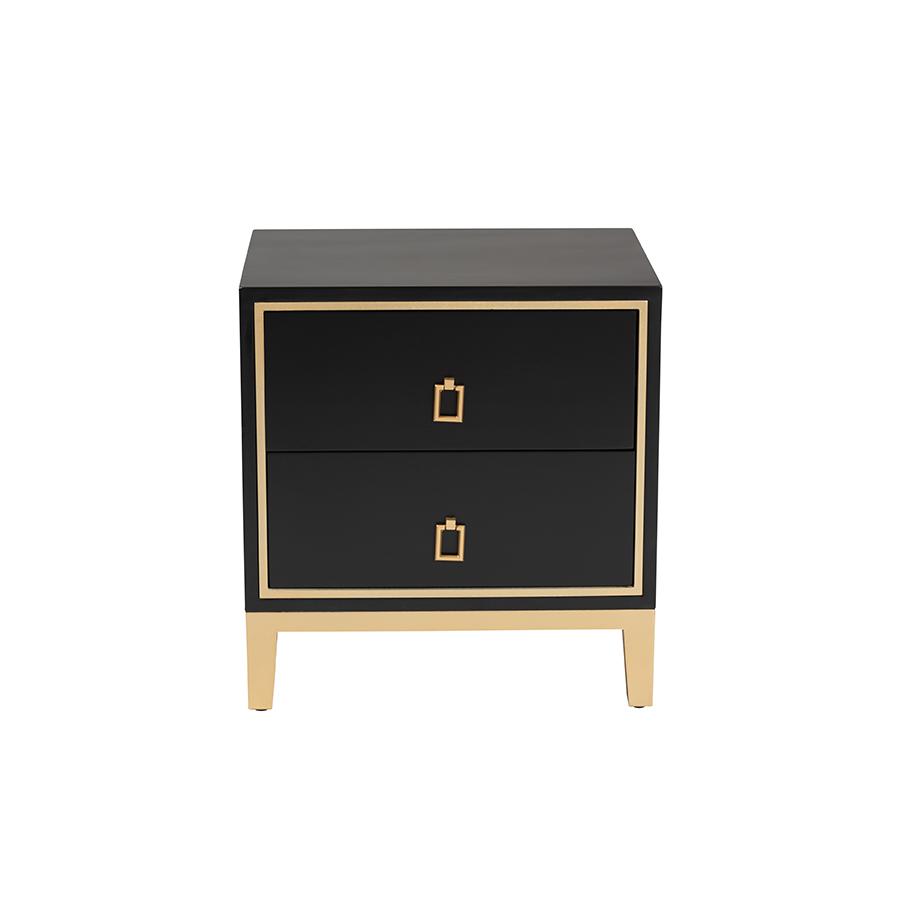 Glam and Luxe Black Finished Wood and Gold Metal 2-Drawer End Table. Picture 3