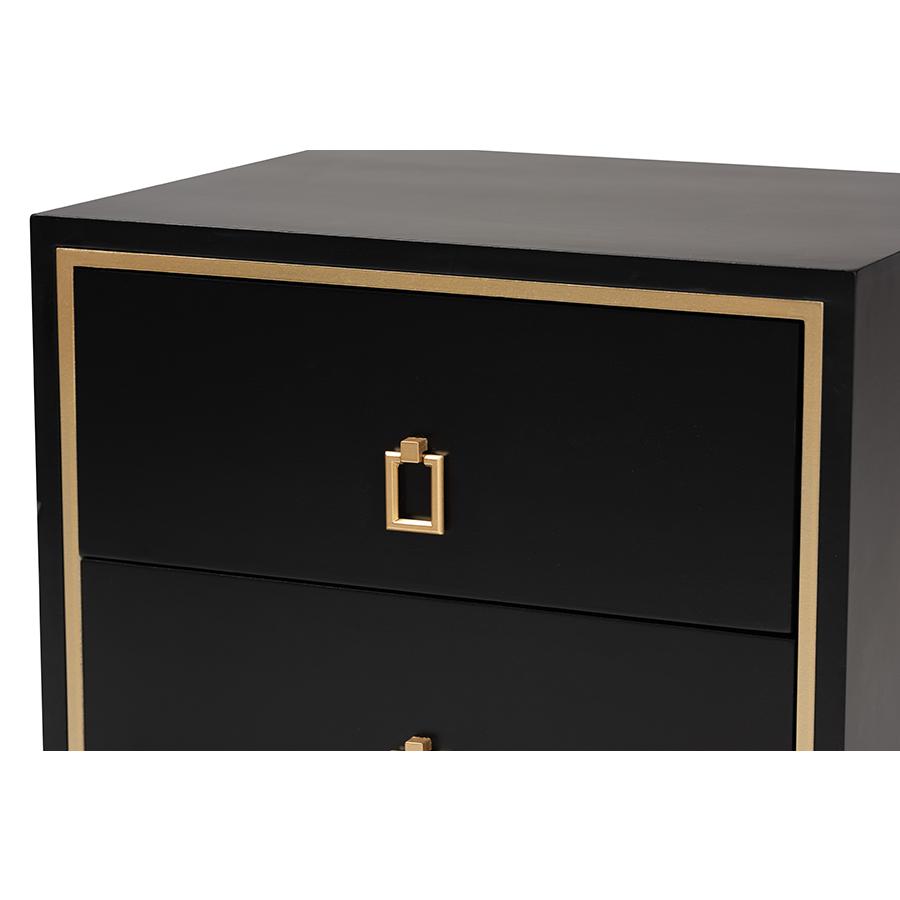 Glam and Luxe Black Finished Wood and Gold Metal 2-Drawer End Table. Picture 5