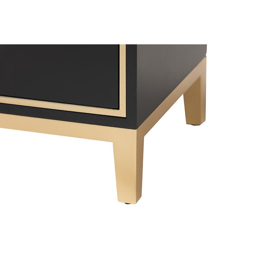 Glam and Luxe Black Finished Wood and Gold Metal 2-Drawer End Table. Picture 6