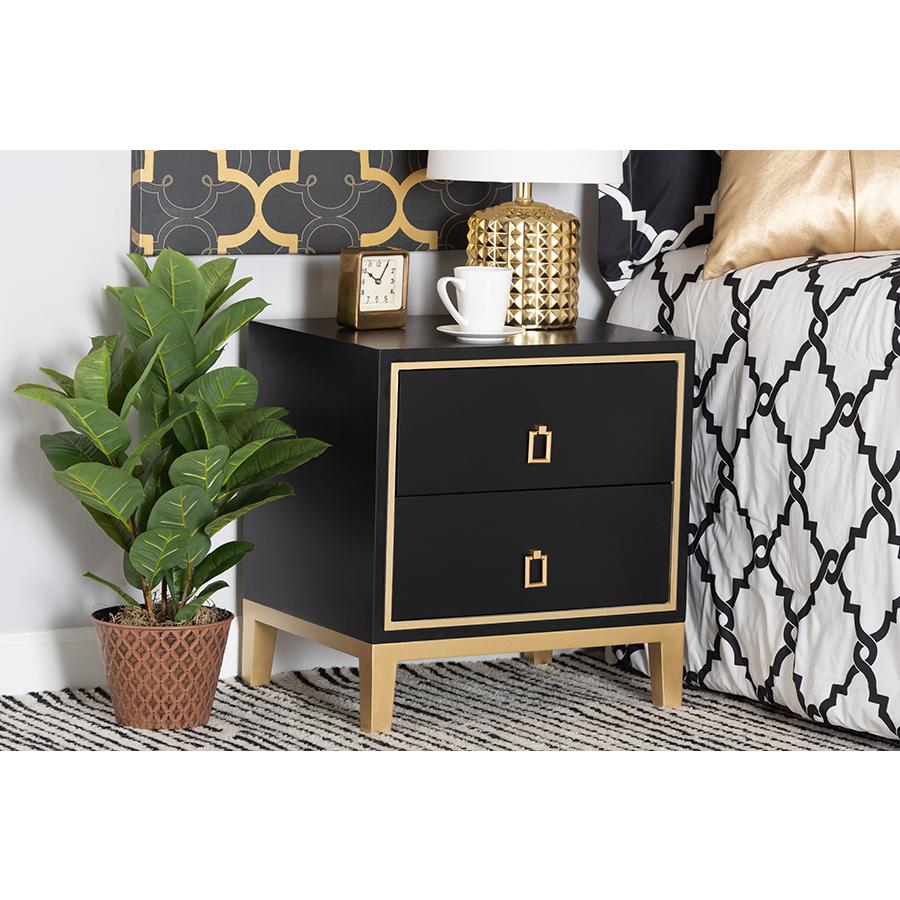 Glam and Luxe Black Finished Wood and Gold Metal 2-Drawer End Table. Picture 8