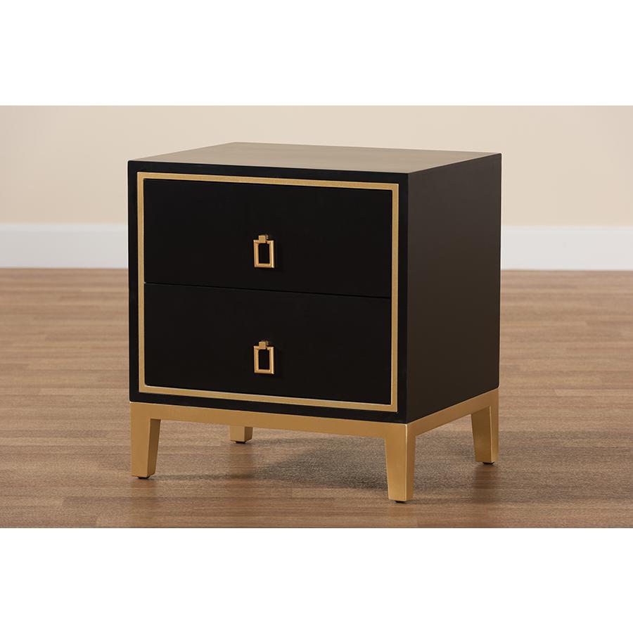 Glam and Luxe Black Finished Wood and Gold Metal 2-Drawer End Table. Picture 9