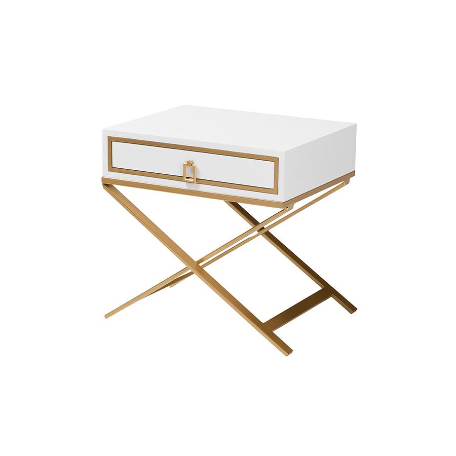 Glam and Luxe White Finished Wood and Gold Metal 1-Drawer End Table. Picture 1