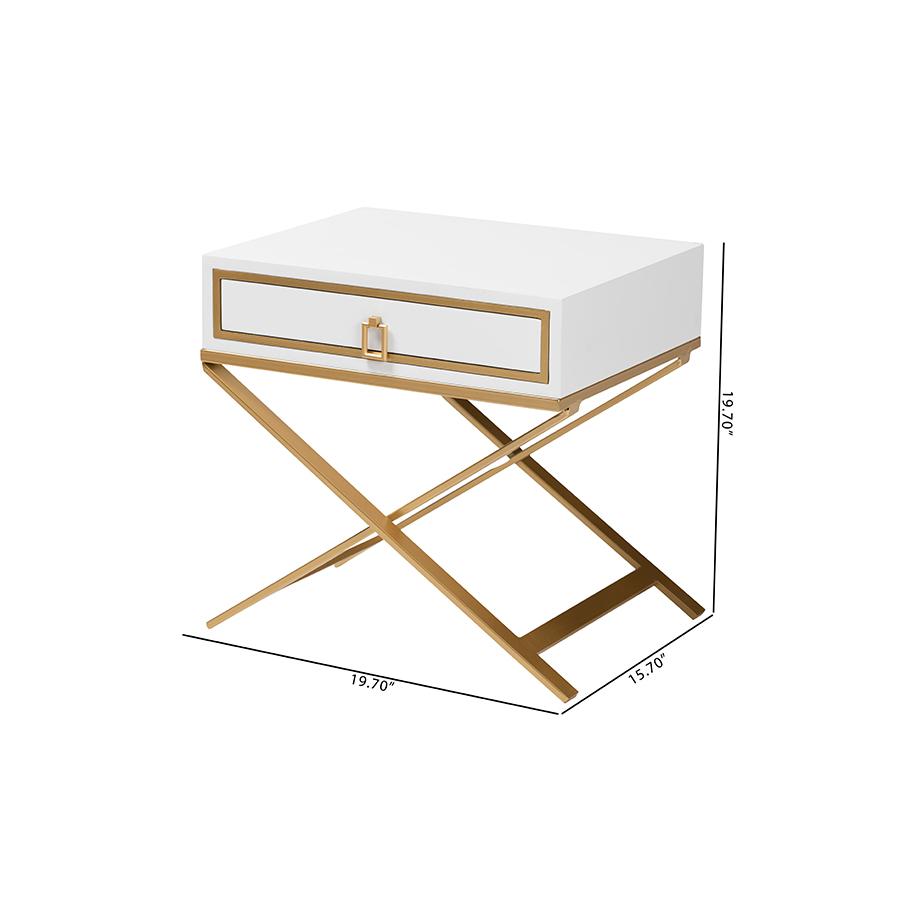 Glam and Luxe White Finished Wood and Gold Metal 1-Drawer End Table. Picture 10