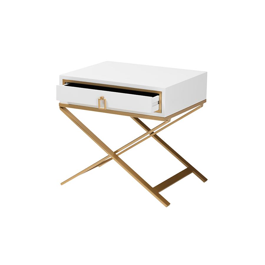 Glam and Luxe White Finished Wood and Gold Metal 1-Drawer End Table. Picture 2