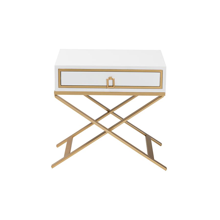 Glam and Luxe White Finished Wood and Gold Metal 1-Drawer End Table. Picture 3
