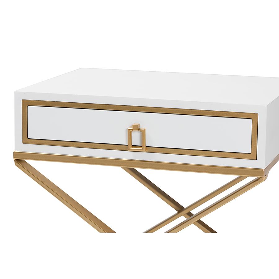 Glam and Luxe White Finished Wood and Gold Metal 1-Drawer End Table. Picture 5