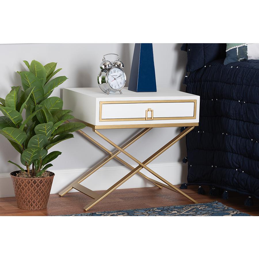 Glam and Luxe White Finished Wood and Gold Metal 1-Drawer End Table. Picture 8