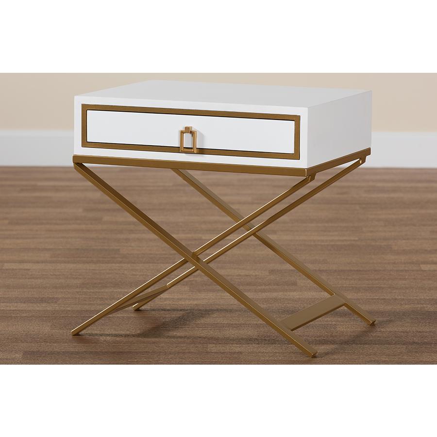 Glam and Luxe White Finished Wood and Gold Metal 1-Drawer End Table. Picture 9