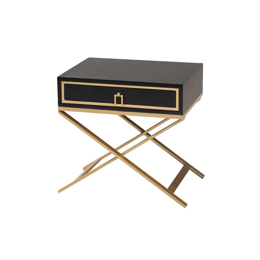 Glam and Luxe Black Finished Wood and Gold Metal 1-Drawer End Table. Picture 1