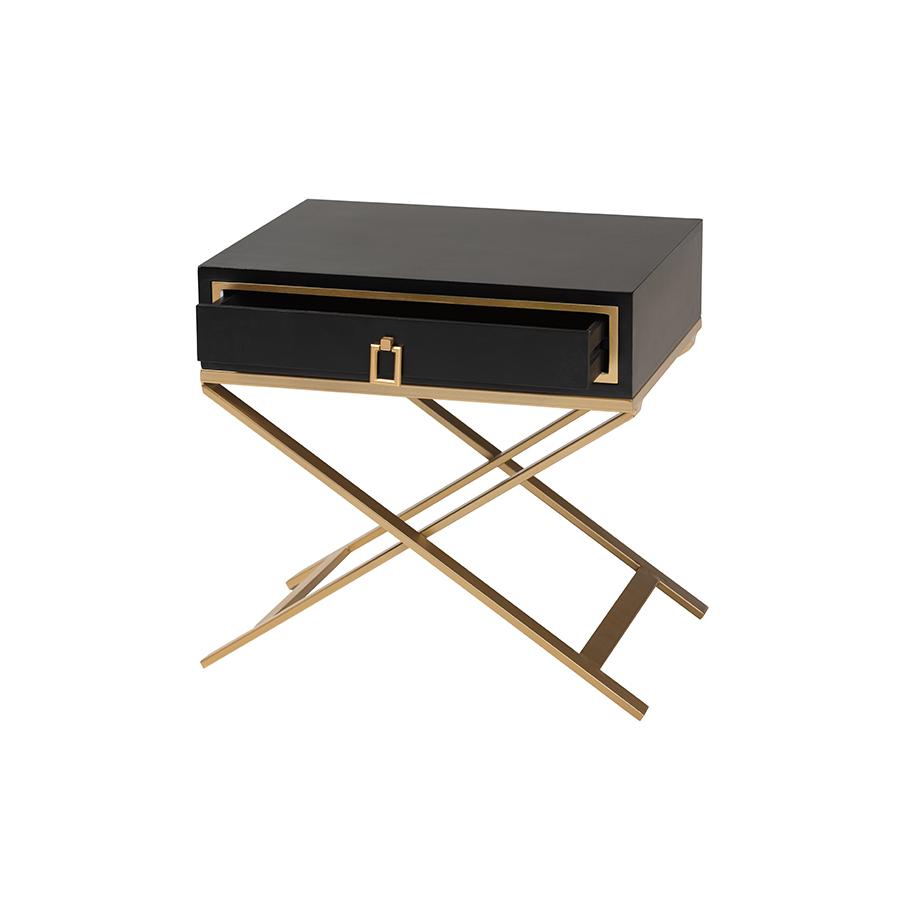 Glam and Luxe Black Finished Wood and Gold Metal 1-Drawer End Table. Picture 2