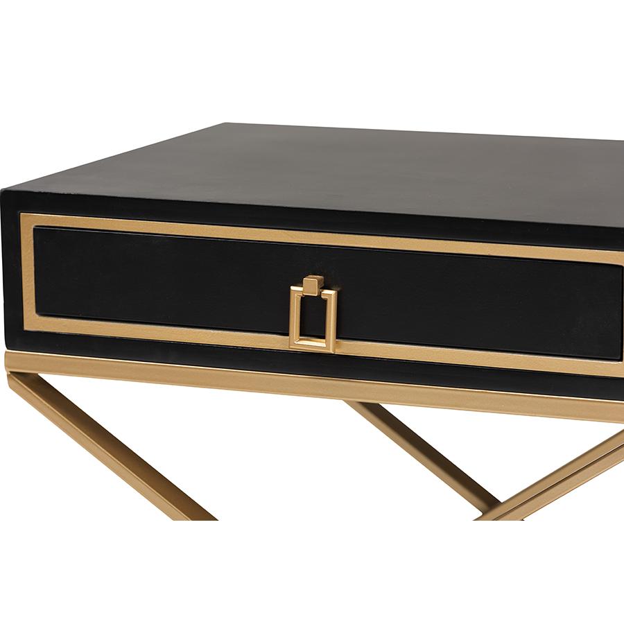 Glam and Luxe Black Finished Wood and Gold Metal 1-Drawer End Table. Picture 5
