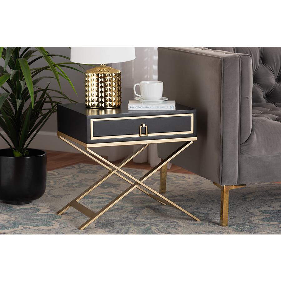 Glam and Luxe Black Finished Wood and Gold Metal 1-Drawer End Table. Picture 8