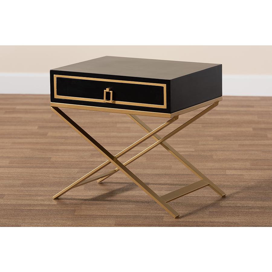 Glam and Luxe Black Finished Wood and Gold Metal 1-Drawer End Table. Picture 9