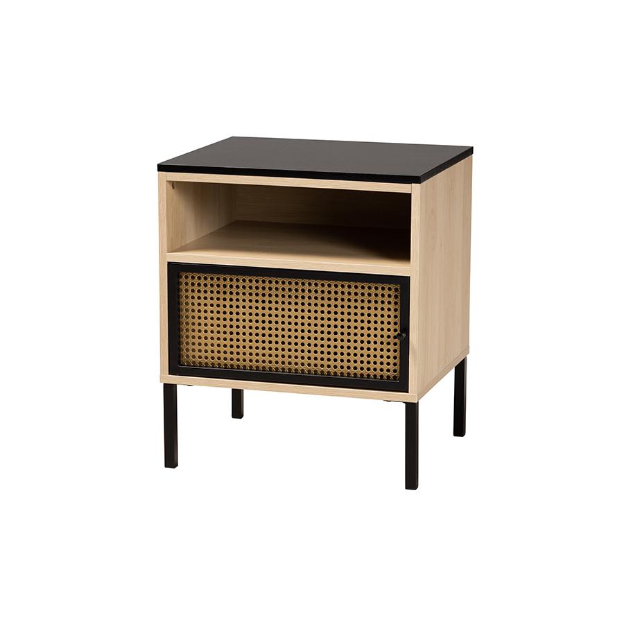Two-Tone Black and Gold Metal and Light Brown Finished Wood 1-Door End Table. Picture 1