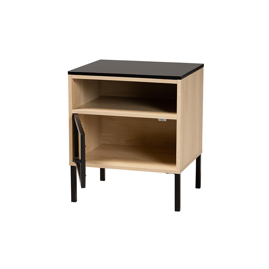 Two-Tone Black and Gold Metal and Light Brown Finished Wood 1-Door End Table. Picture 2