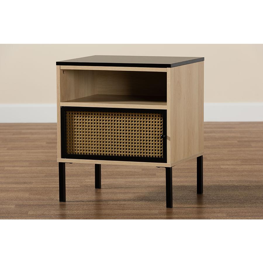 Two-Tone Black and Gold Metal and Light Brown Finished Wood 1-Door End Table. Picture 9