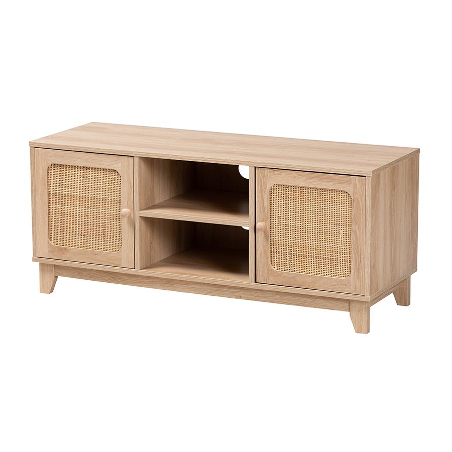 Light Brown Finished Wood and Natural Rattan 2-Door TV Stand. Picture 1