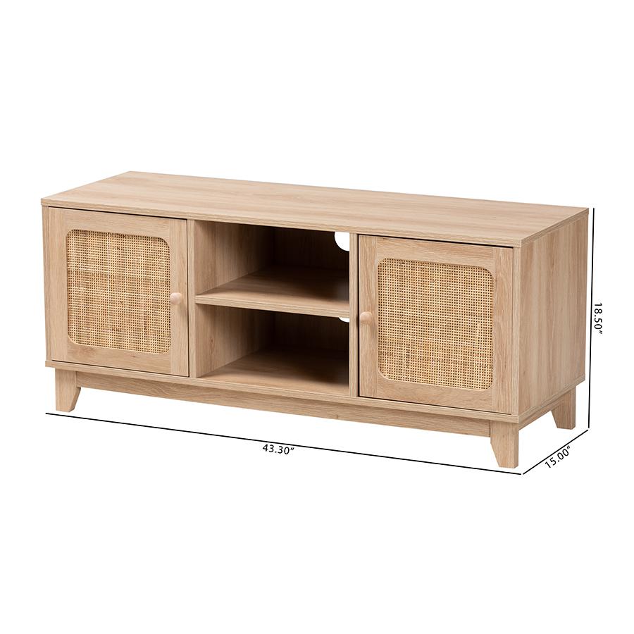 Light Brown Finished Wood and Natural Rattan 2-Door TV Stand. Picture 10