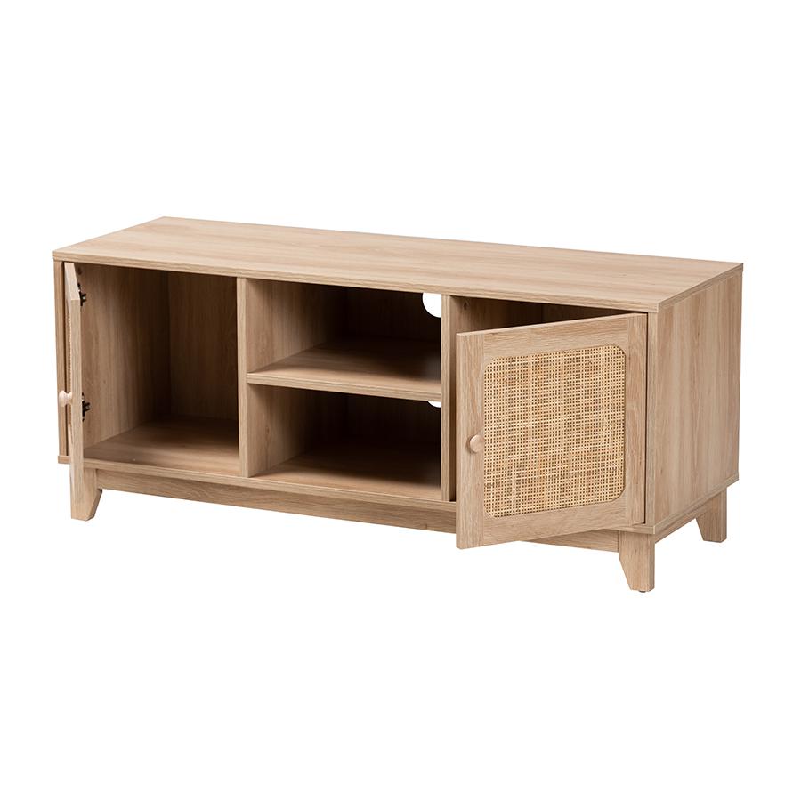 Light Brown Finished Wood and Natural Rattan 2-Door TV Stand. Picture 2