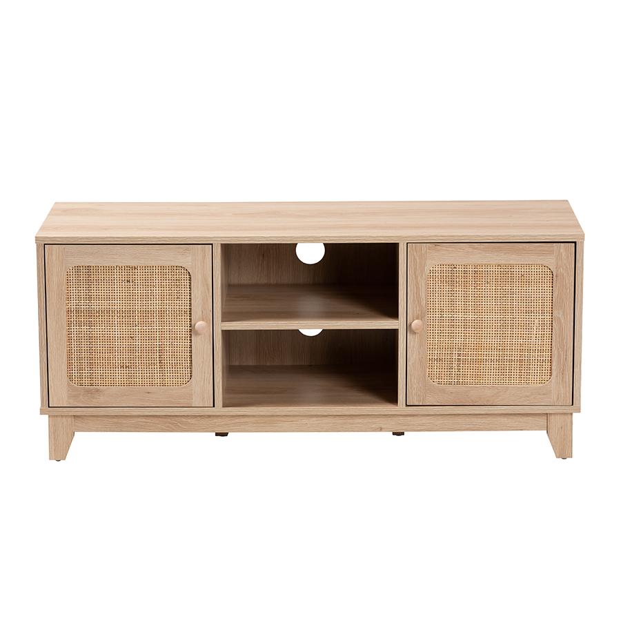 Light Brown Finished Wood and Natural Rattan 2-Door TV Stand. Picture 3