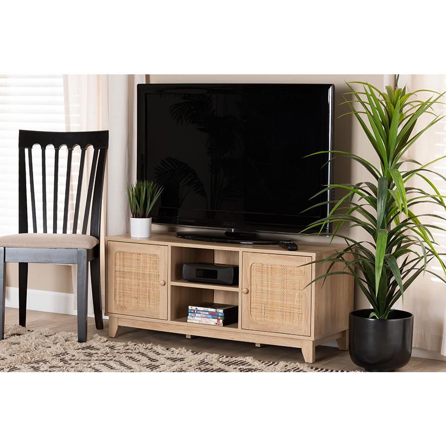 Light Brown Finished Wood and Natural Rattan 2-Door TV Stand. Picture 8