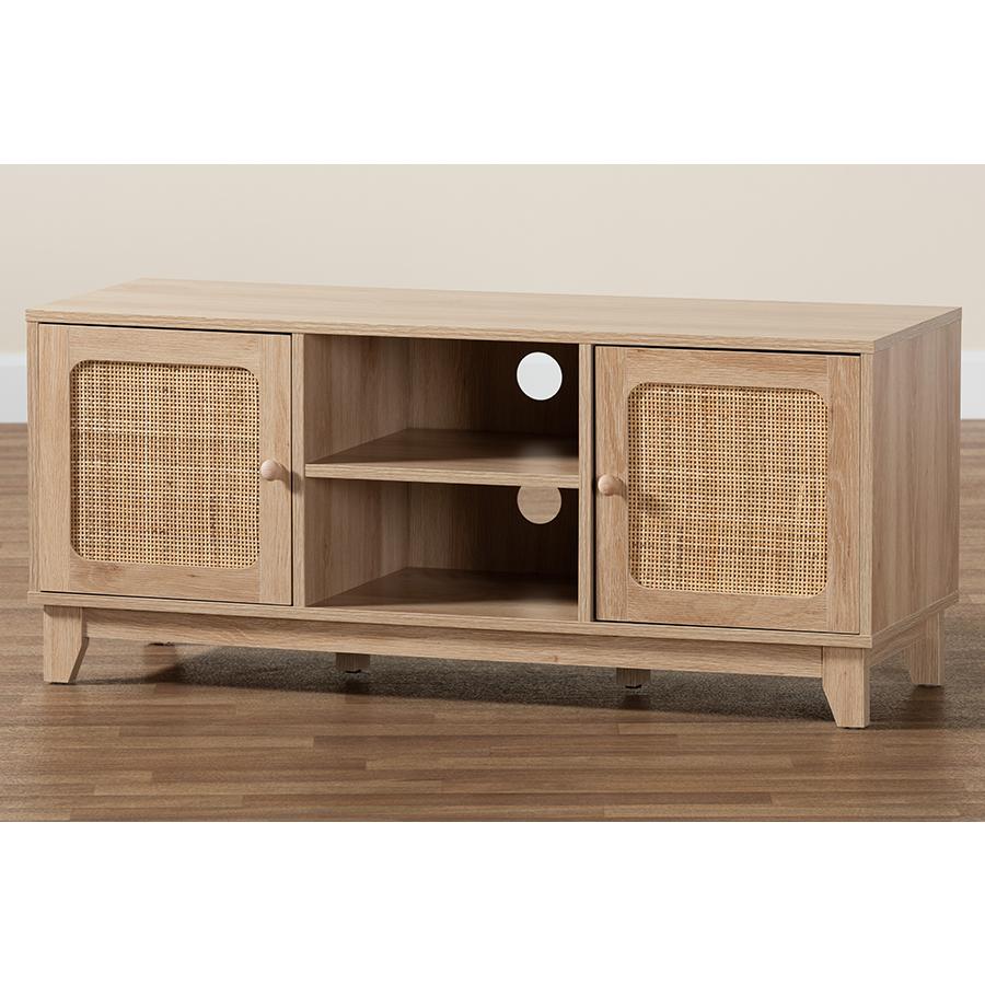 Light Brown Finished Wood and Natural Rattan 2-Door TV Stand. Picture 9