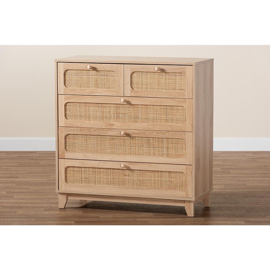 Oak Brown Finished Wood and Natural Rattan 5-Drawer Storage Cabinet. Picture 9
