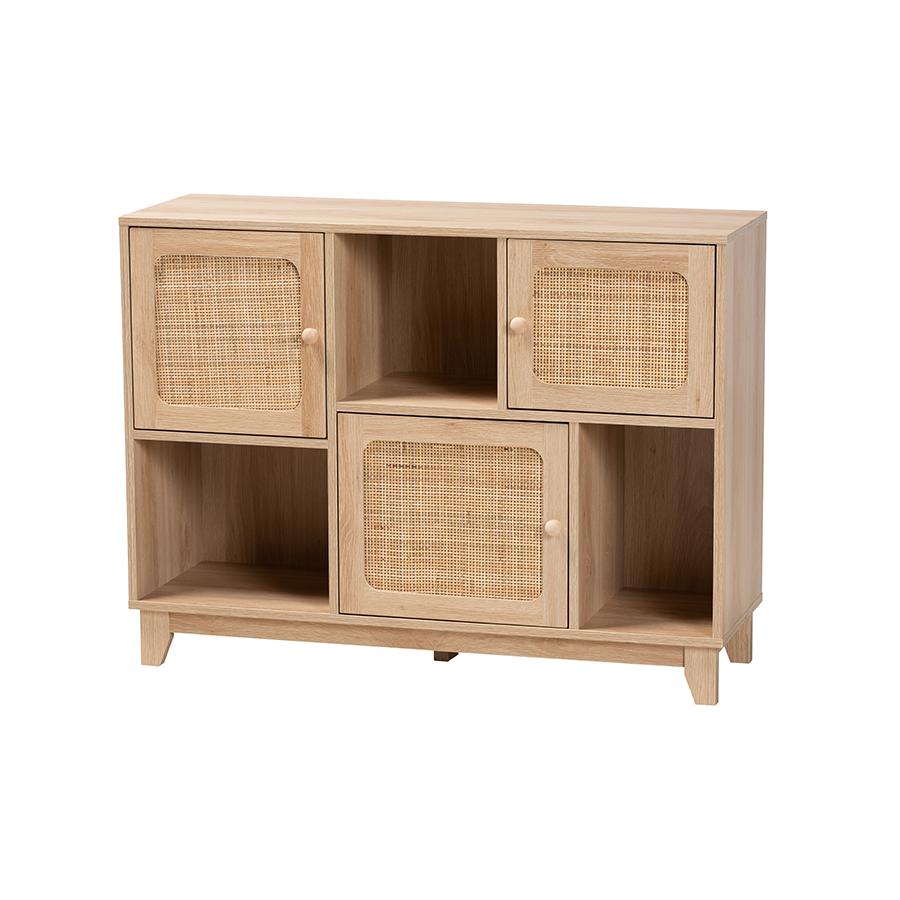 Light Brown Finished Wood and Natural Rattan 3-Door Sideboard. Picture 1