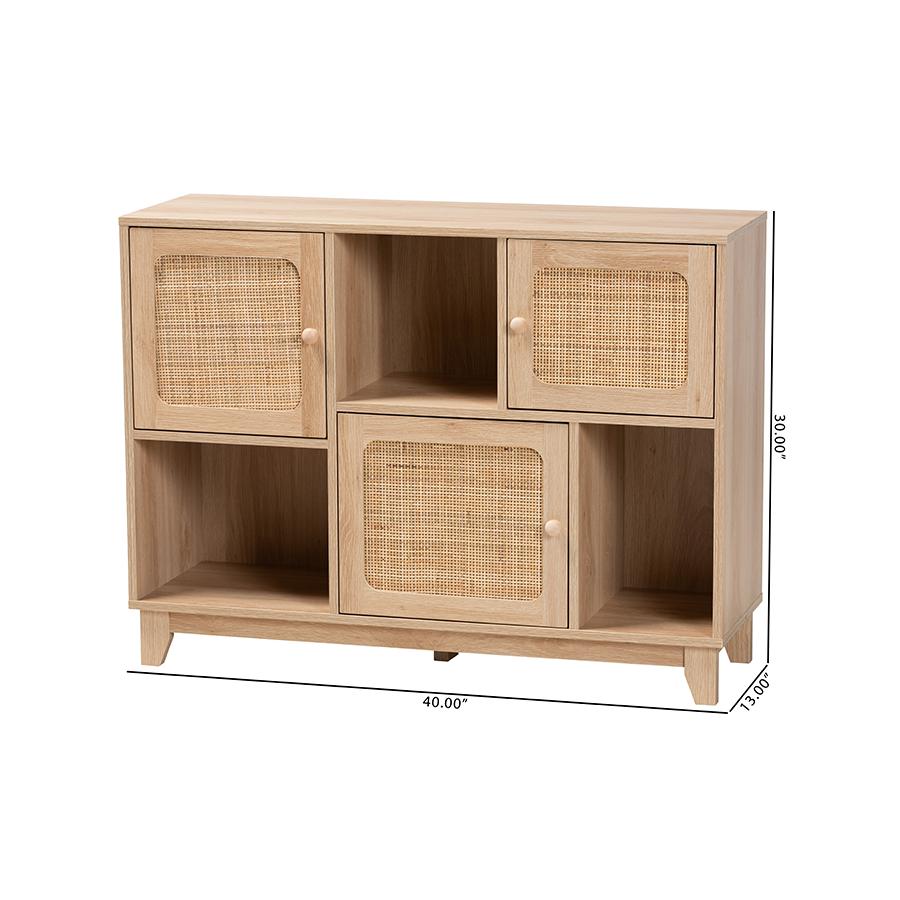 Light Brown Finished Wood and Natural Rattan 3-Door Sideboard. Picture 10