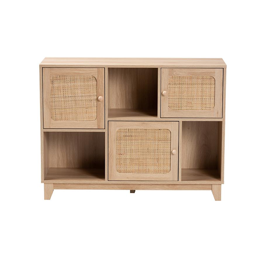 Light Brown Finished Wood and Natural Rattan 3-Door Sideboard. Picture 3
