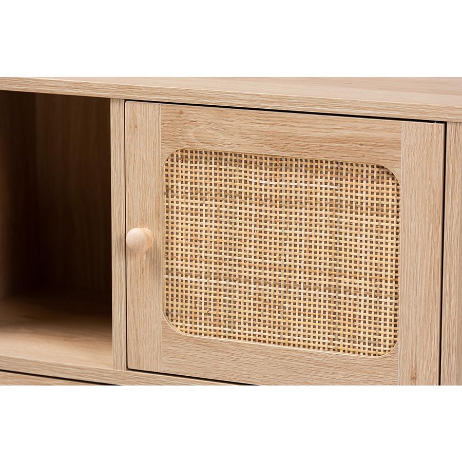 Light Brown Finished Wood and Natural Rattan 3-Door Sideboard. Picture 5