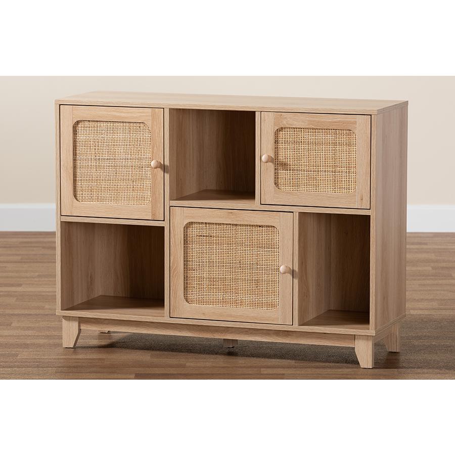 Light Brown Finished Wood and Natural Rattan 3-Door Sideboard. Picture 9