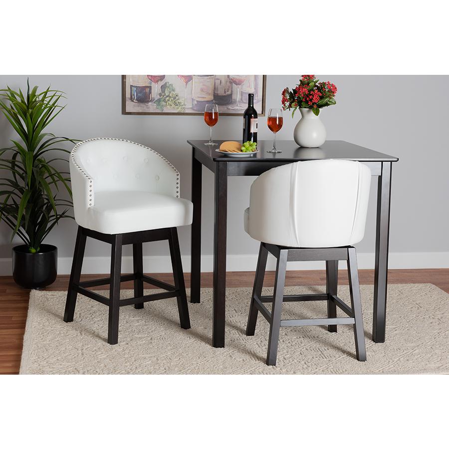 Baxton Studio Theron Mid-Century Transitional White Faux Leather and Espresso Brown Finished Wood 2-Piece Swivel Counter Stool Set. Picture 2