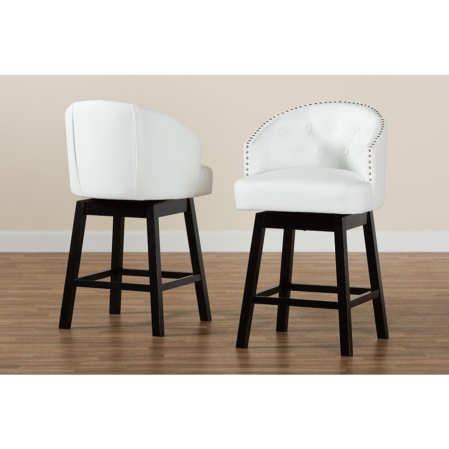 Baxton Studio Theron Mid-Century Transitional White Faux Leather and Espresso Brown Finished Wood 2-Piece Swivel Counter Stool Set. Picture 9