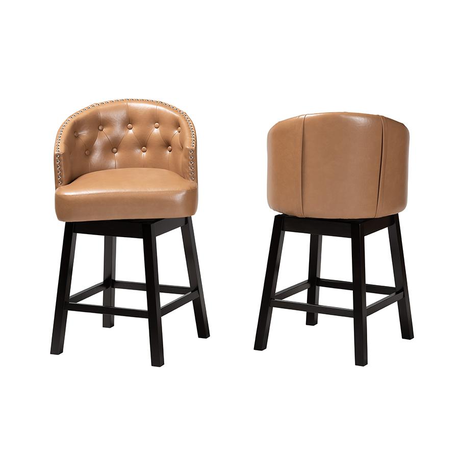 Leather and Espresso Brown Finished Wood 2-Piece Swivel Counter Stool Set. Picture 2