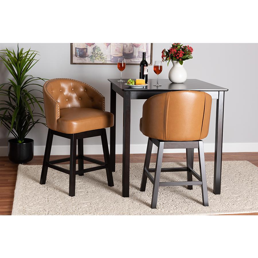 Leather and Espresso Brown Finished Wood 2-Piece Swivel Counter Stool Set. Picture 7