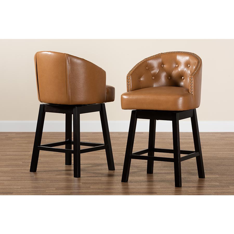 Leather and Espresso Brown Finished Wood 2-Piece Swivel Counter Stool Set. Picture 8