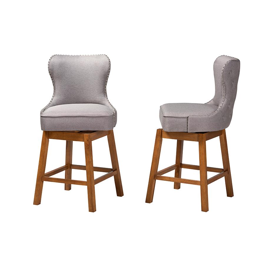 Grey Fabric and Walnut Brown Finished Wood 2-Piece Swivel Counter Stool Set. Picture 3