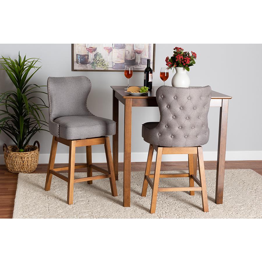 Grey Fabric and Walnut Brown Finished Wood 2-Piece Swivel Counter Stool Set. Picture 8