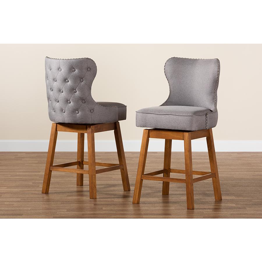 Grey Fabric and Walnut Brown Finished Wood 2-Piece Swivel Counter Stool Set. Picture 9
